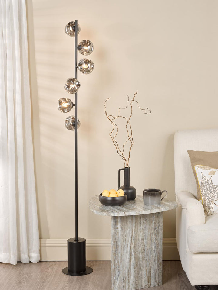 Dar SPI4922-28 Spiral 6 Light Floor Lamp Matt Black With Closed Organic Smoked Glass