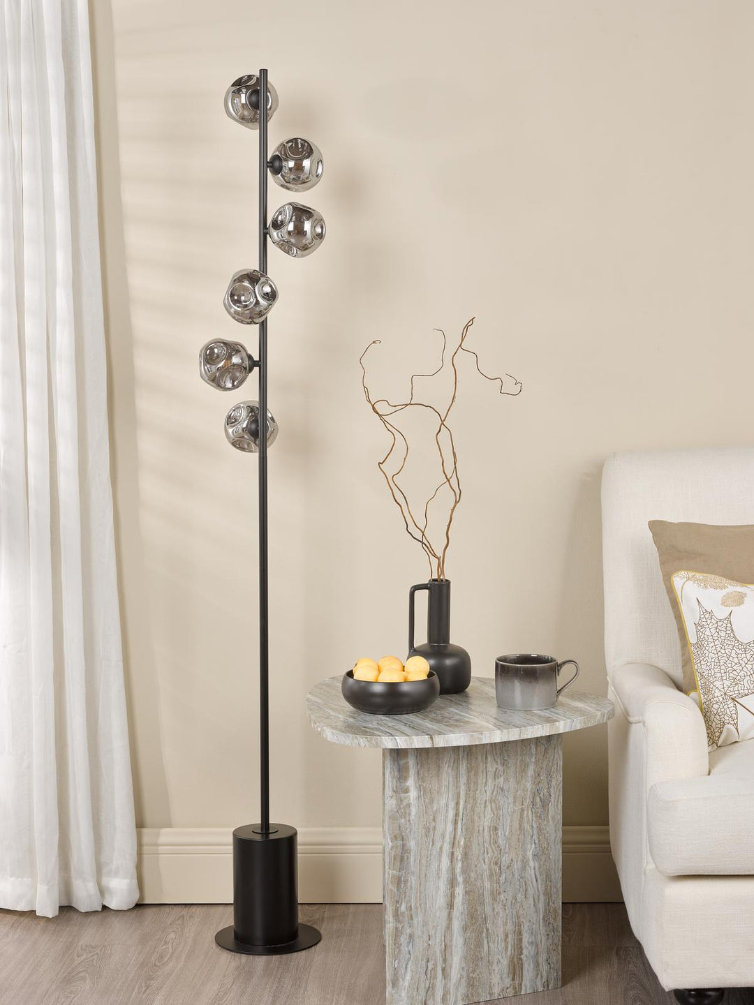Dar SPI4922-28 Spiral 6 Light Floor Lamp Matt Black With Closed Organic Smoked Glass