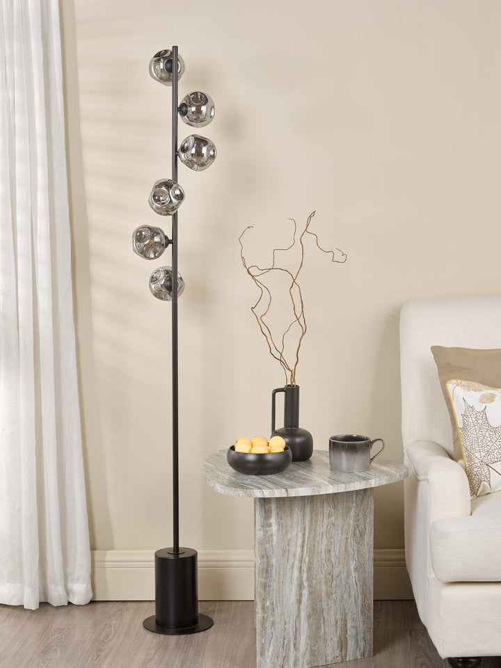 Dar SPI4922-28 Spiral 6 Light Floor Lamp Matt Black With Closed Organic Smoked Glass