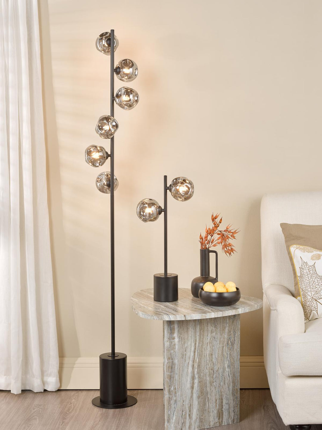 Dar SPI4922-28 Spiral 6 Light Floor Lamp Matt Black With Closed Organic Smoked Glass