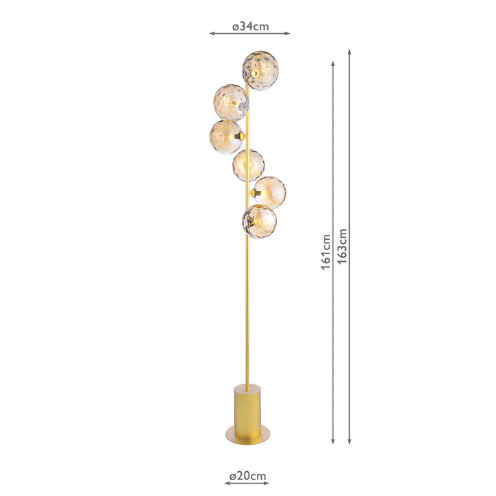 Dar SPI4935-11 Spiral 6 Light Floor Lamp Matt Gold With Amber Dimpled Glass