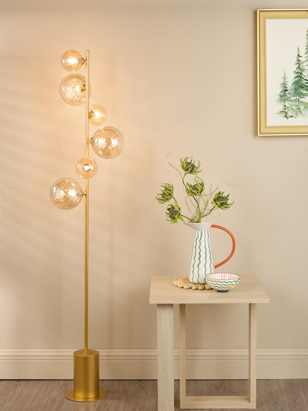 Dar SPI4935-MIX Spiral 6 Light Floor Lamp Matt Gold and Amber Glass