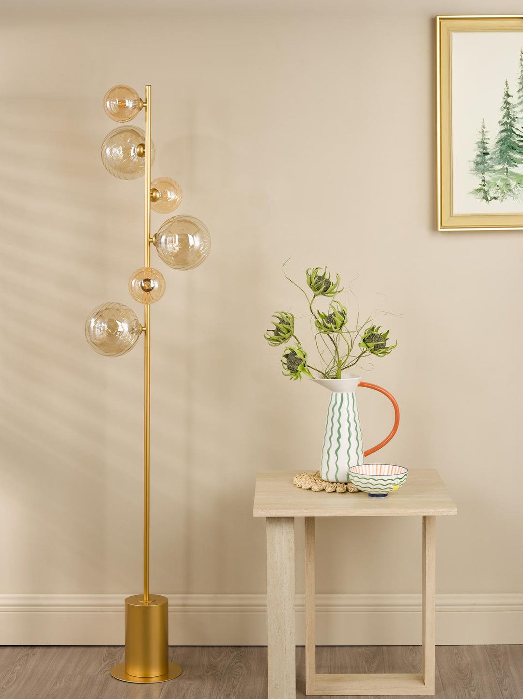 Dar SPI4935-MIX Spiral 6 Light Floor Lamp Matt Gold and Amber Glass