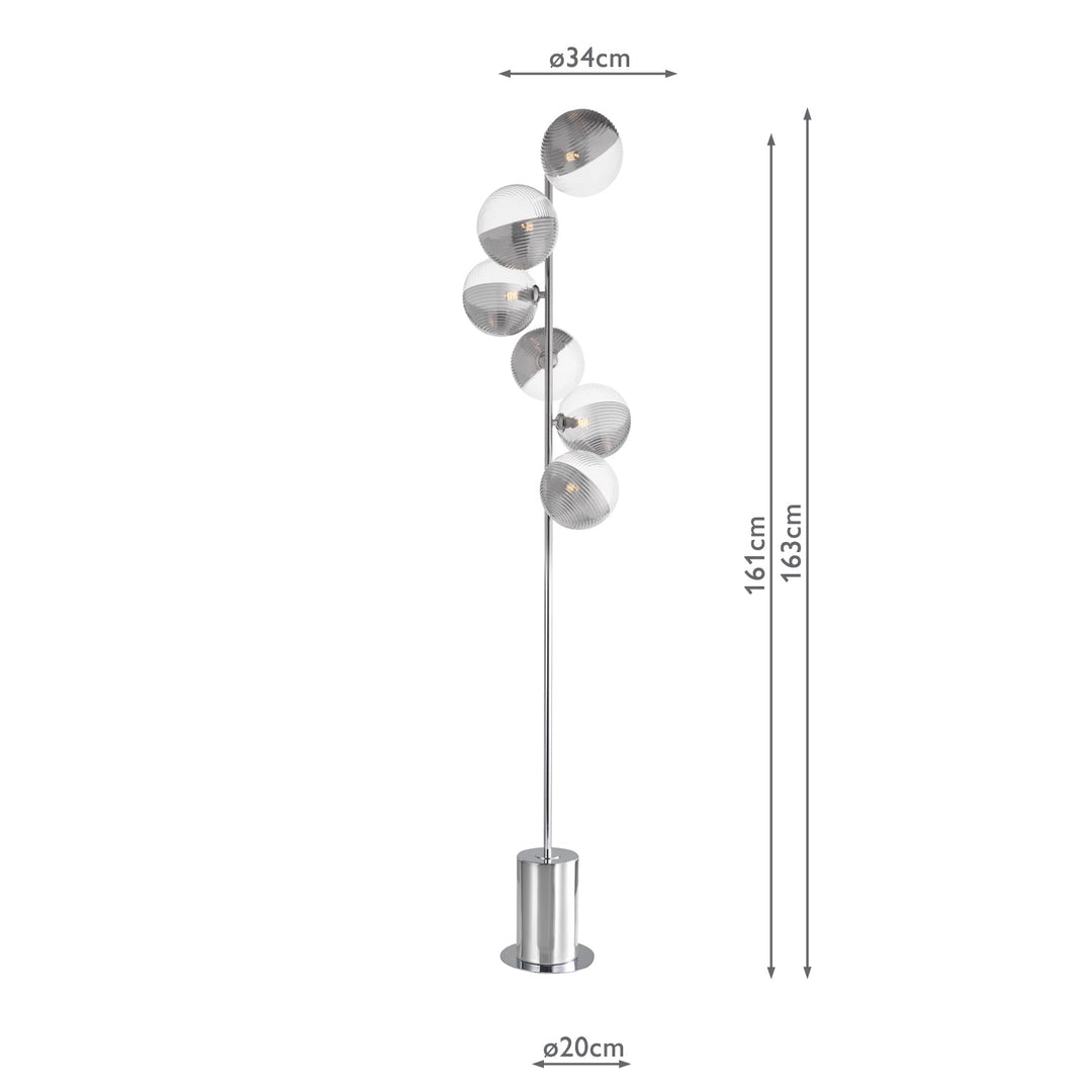 Dar SPI4950-19 Spiral 6 Light Floor Lamp Polished Chrome With Smoked/Clear Ribbed Glass