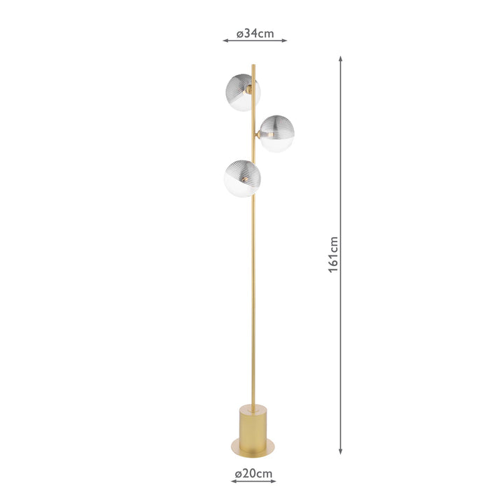 Dar SPI5535-19 Spiral 3 Light Floor Lamp Matt Gold With Smoked/Clear Ribbed Glass