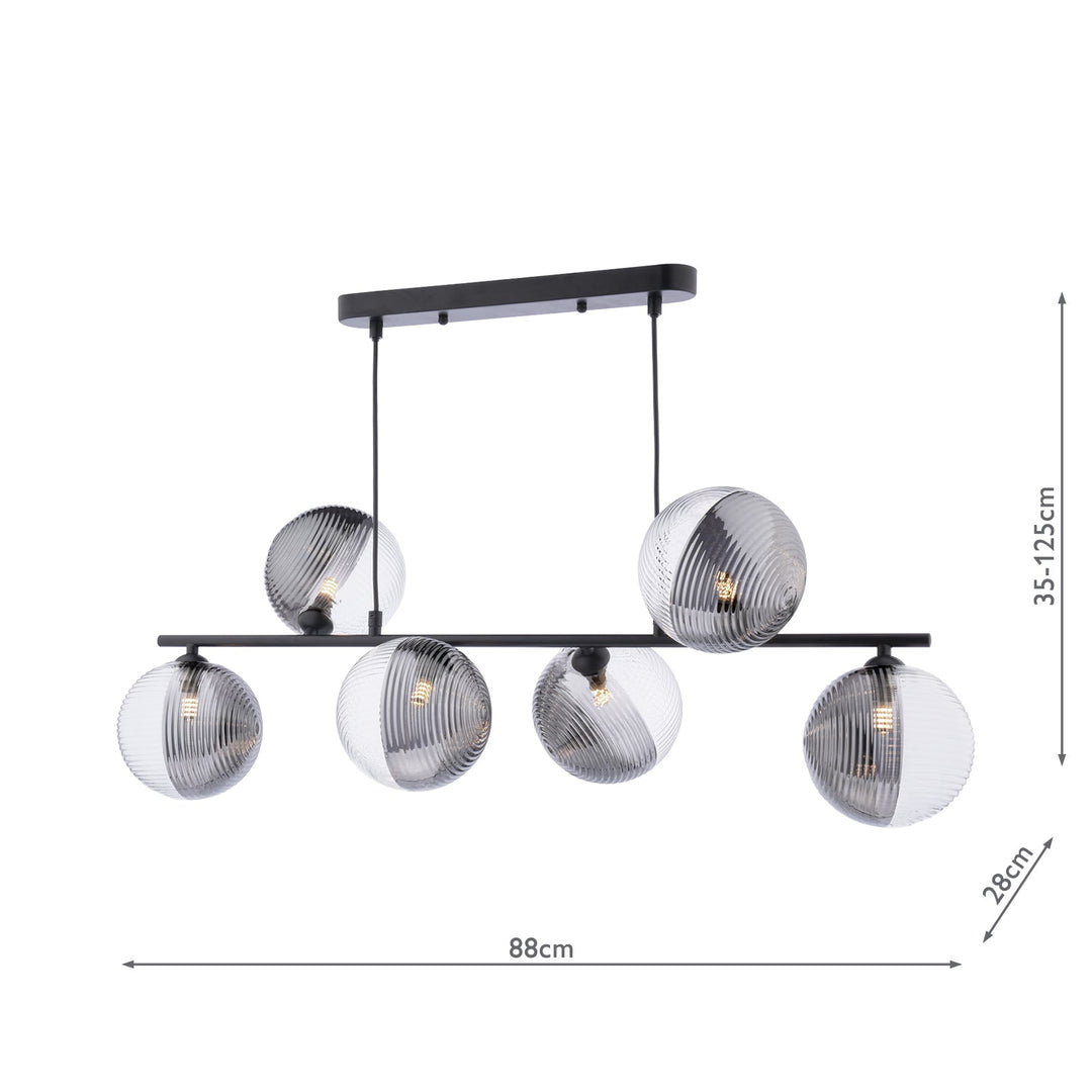 Dar SPI6422-19 Spiral 6 Light Bar Pendant Matt Black With Smoked/Clear Ribbed Glass