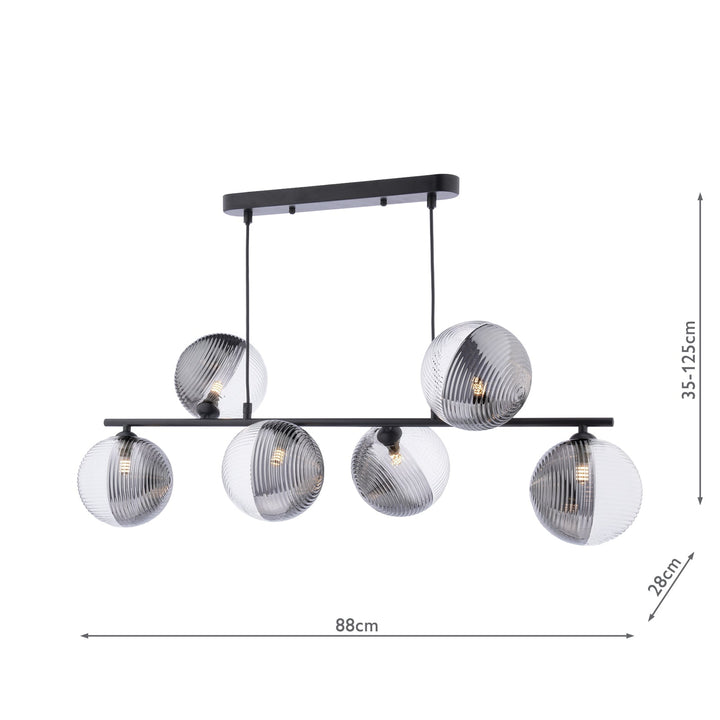 Dar SPI6422-19 Spiral 6 Light Bar Pendant Matt Black With Smoked/Clear Ribbed Glass