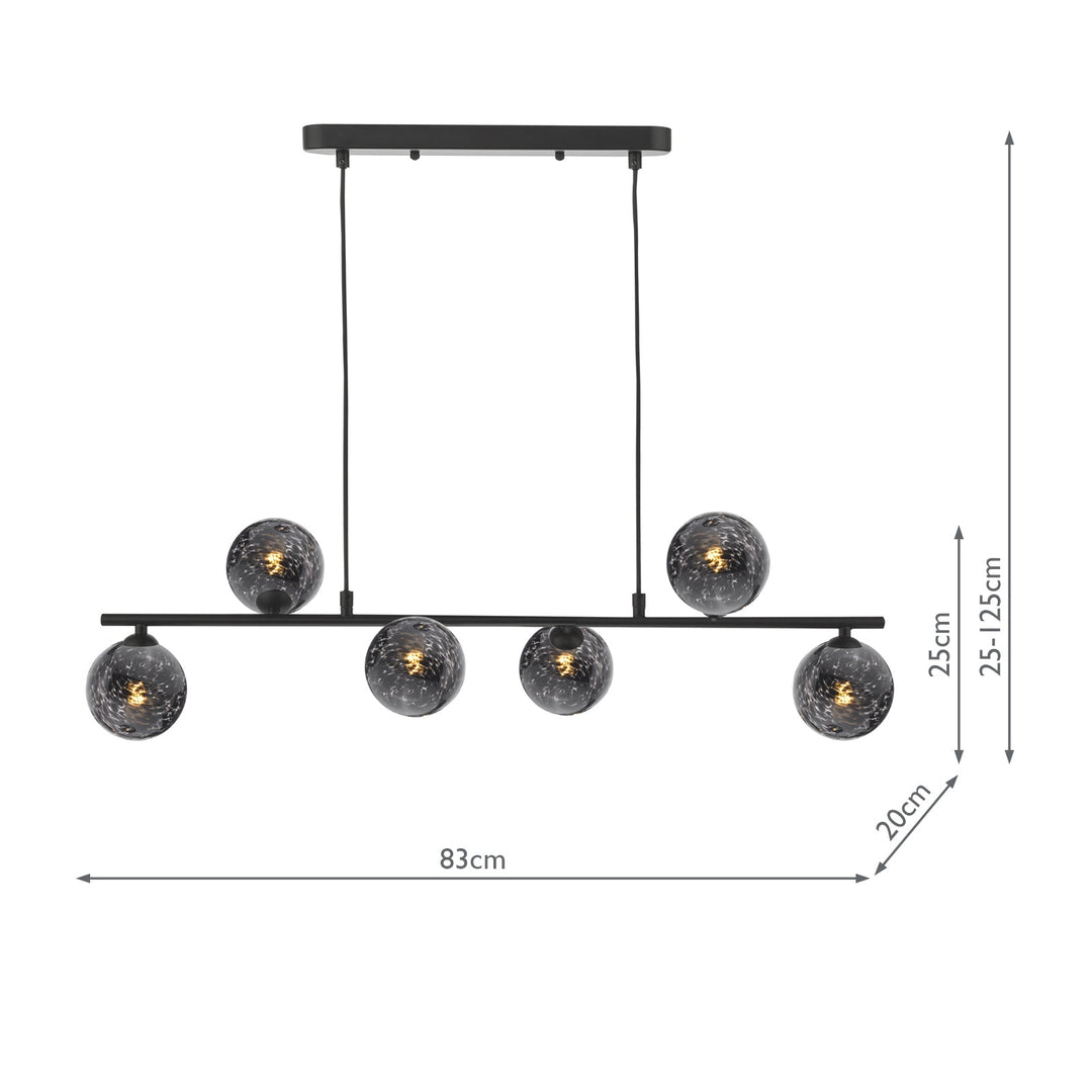 Dar SPI6422-21 Spiral 6 Light Bar Pendant Matt Black With Black Confetti Glass