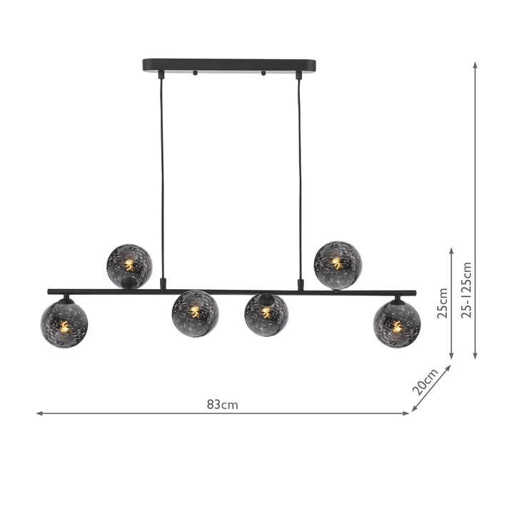 Dar SPI6422-21 Spiral 6 Light Bar Pendant Matt Black With Black Confetti Glass