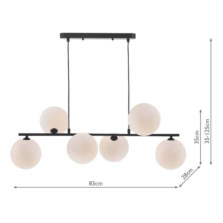 Dar SPI6422-23 Spiral 6 Light Bar Pendant Matt Black With Opal Glass