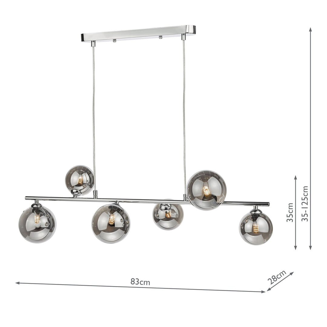 Dar SPI6450-01-24 Spiral 6 Light Bar Pendant Polished Chrome and Smoked Glass