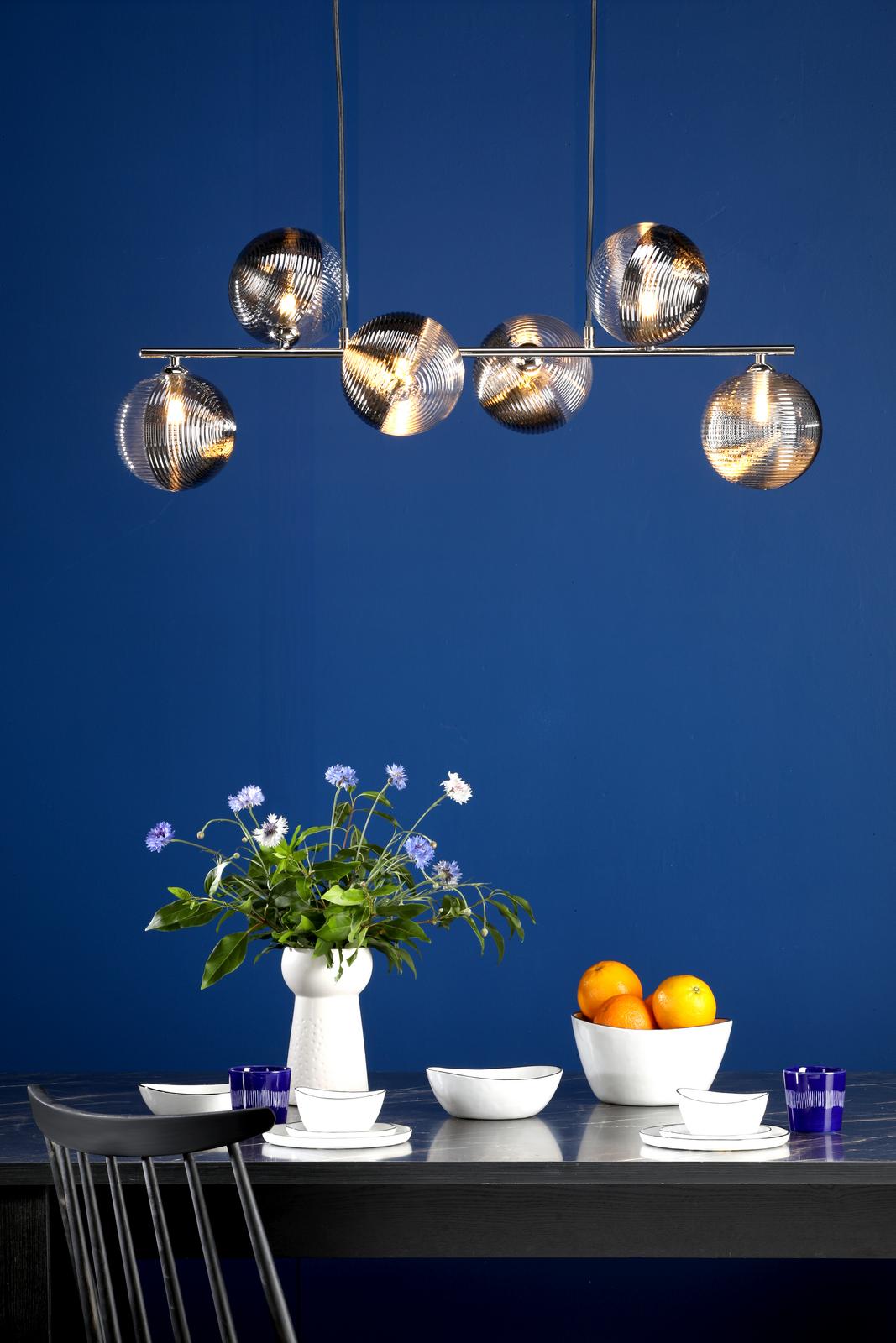 Dar SPI6450-19 Spiral 6 Light Bar Pendant Polished Chrome With Smoked/Clear Ribbed Glass