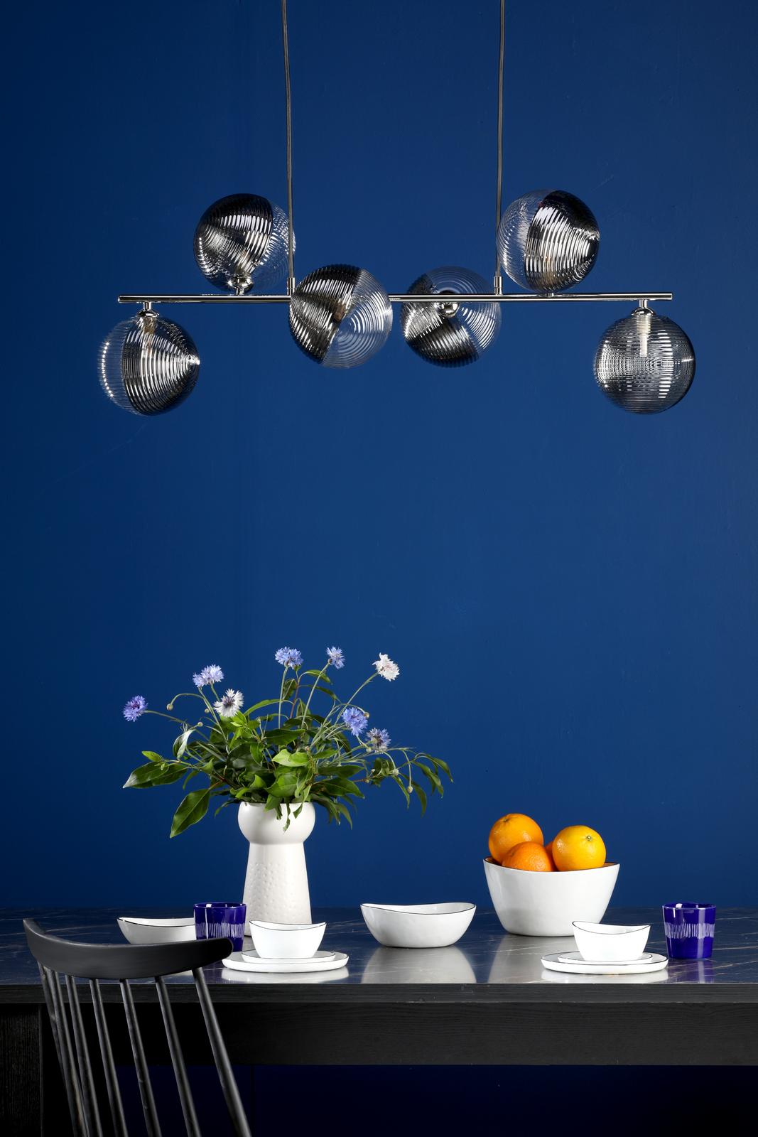 Dar SPI6450-19 Spiral 6 Light Bar Pendant Polished Chrome With Smoked/Clear Ribbed Glass