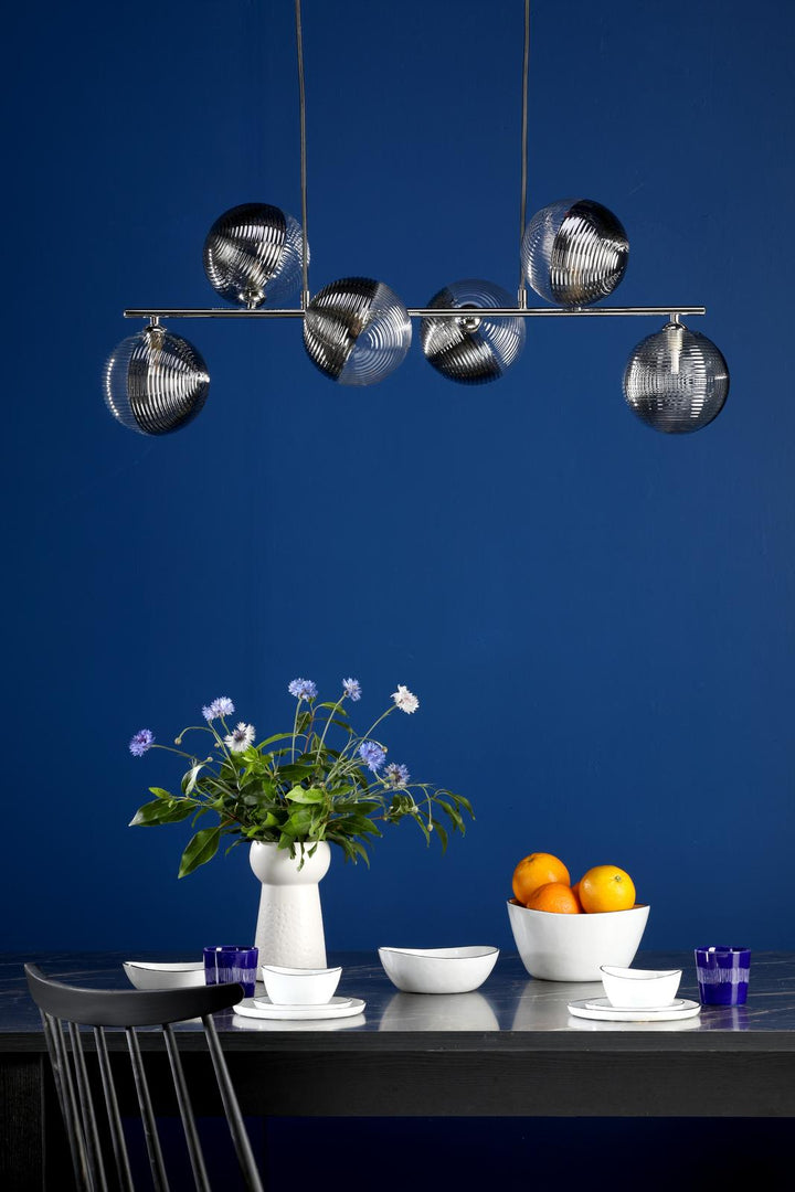Dar SPI6450-19 Spiral 6 Light Bar Pendant Polished Chrome With Smoked/Clear Ribbed Glass