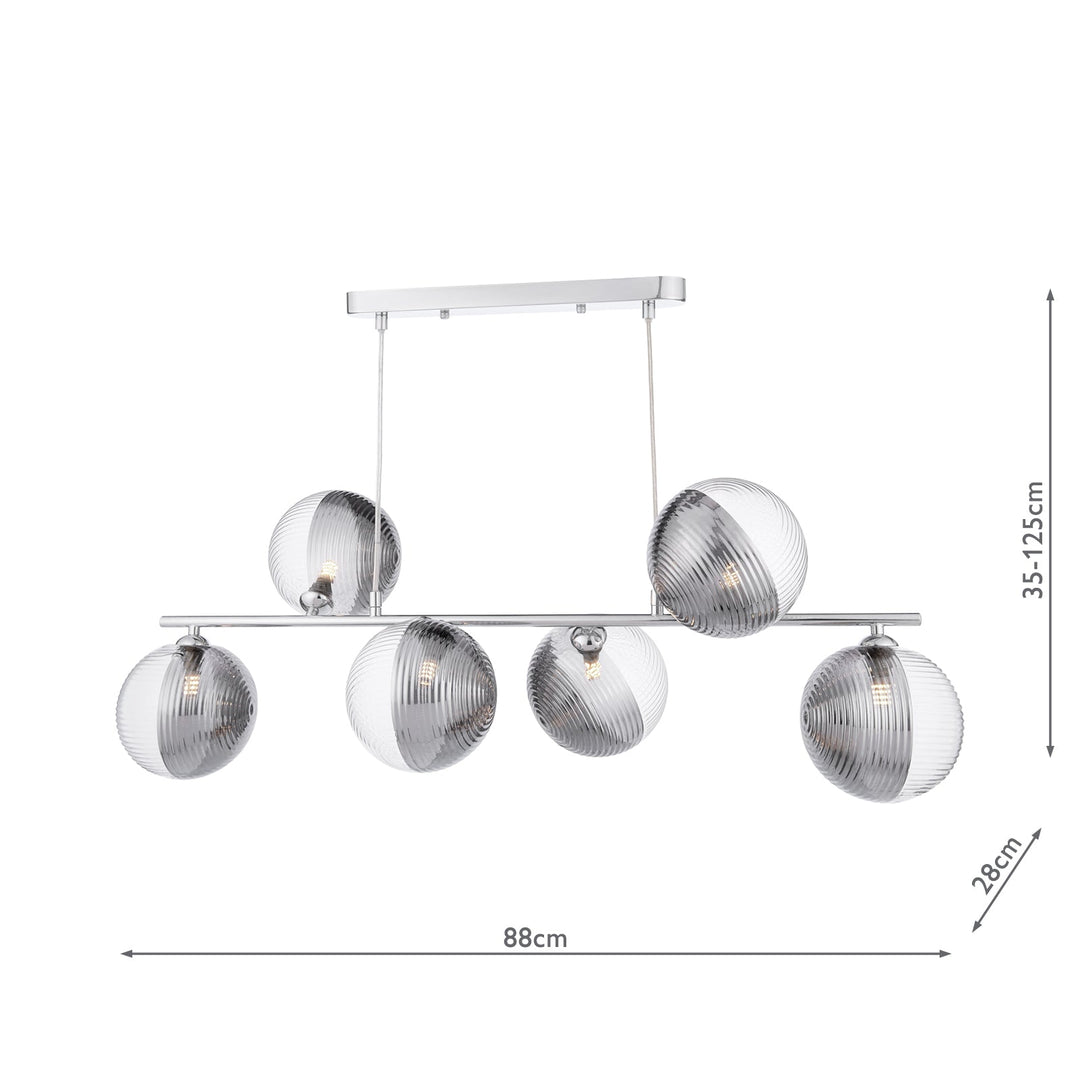 Dar SPI6450-19 Spiral 6 Light Bar Pendant Polished Chrome With Smoked/Clear Ribbed Glass