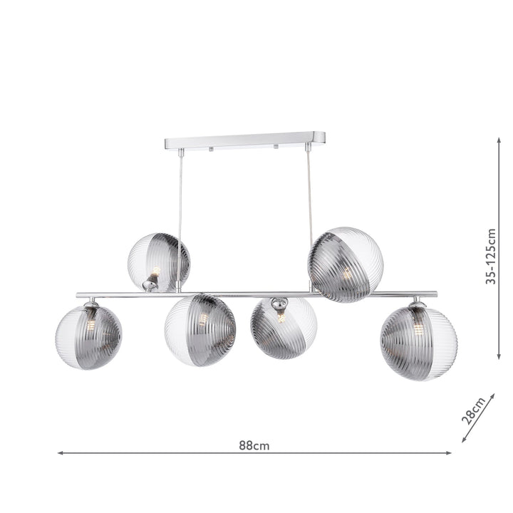 Dar SPI6450-19 Spiral 6 Light Bar Pendant Polished Chrome With Smoked/Clear Ribbed Glass