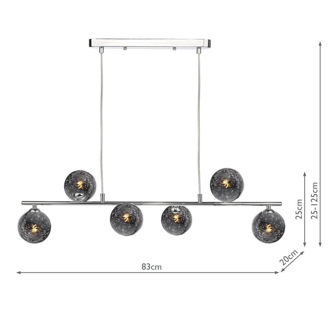 Dar SPI6450-21 Spiral 6 Light Bar Pendant Polished Chrome With Black Confetti Glass