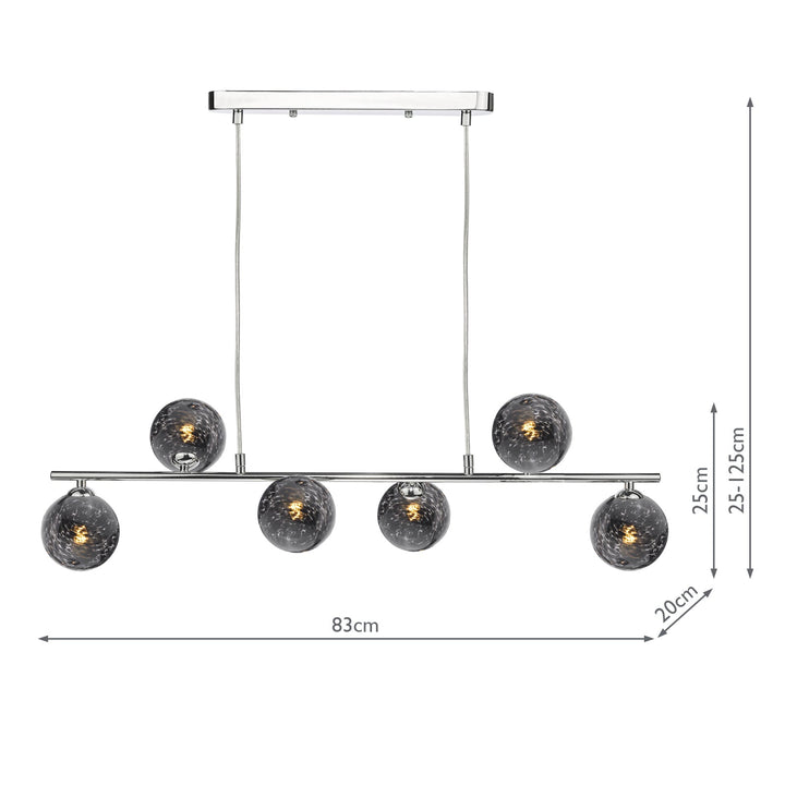 Dar SPI6450-21 Spiral 6 Light Bar Pendant Polished Chrome With Black Confetti Glass