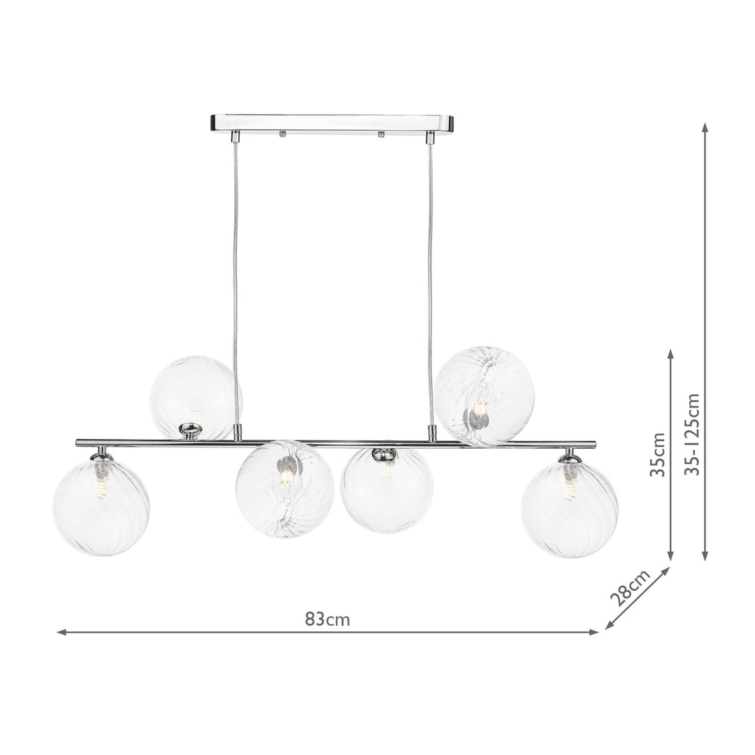 Dar SPI6450-22 Spiral 6 Light Bar Pendant Polished Chrome With Closed Glass