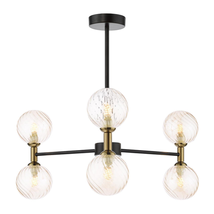 Dar TAK0654-25 Takara 6 Light Semi-Flush Matt Black and Bronze With Twisted Amber Glass