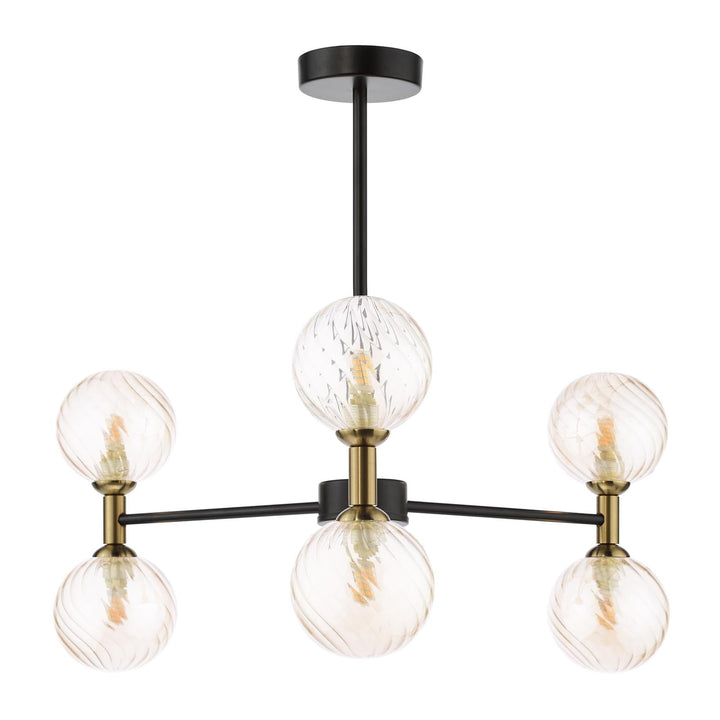 Dar TAK0654-25 Takara 6 Light Semi-Flush Matt Black and Bronze With Twisted Amber Glass