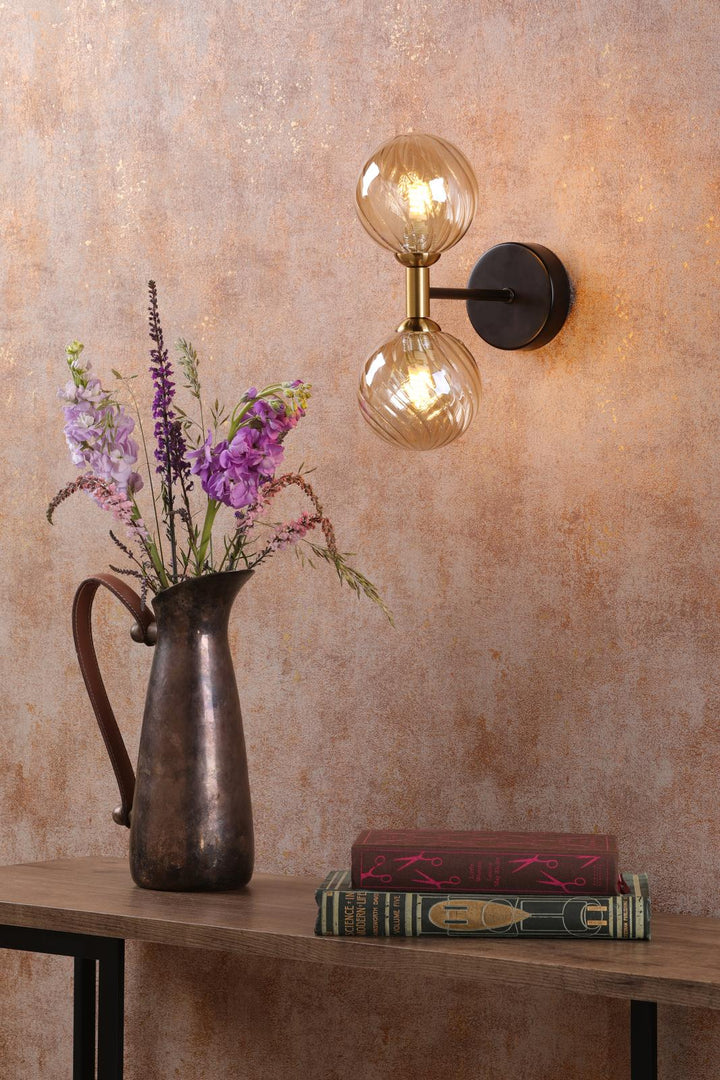 Dar TAK0954-25 Takara 2 Light Wall Light Matt Black and Bronze With Twisted Amber Glass