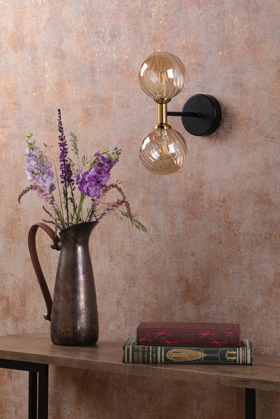 Dar TAK0954-25 Takara 2 Light Wall Light Matt Black and Bronze With Twisted Amber Glass