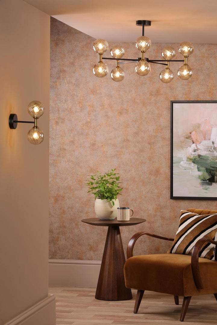 Dar TAK2354-25 Takara 10 Light Semi-Flush Matt Black and Bronze With Twisted Amber Glass