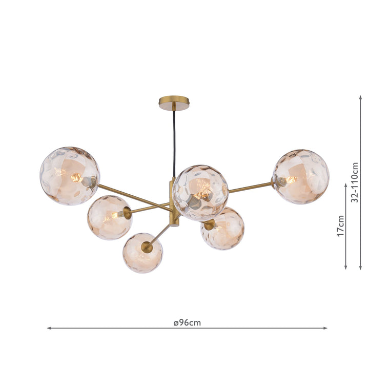 Dar VIG0645-11 Vignette 6 Light Pendant Aged Brass With Amber Dimpled Glass