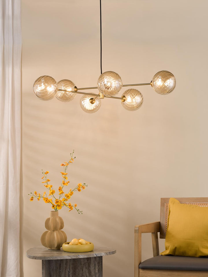Dar VIG0645-26 Vignette 6 Light Pendant Aged Brass With Twisted Amber Glass