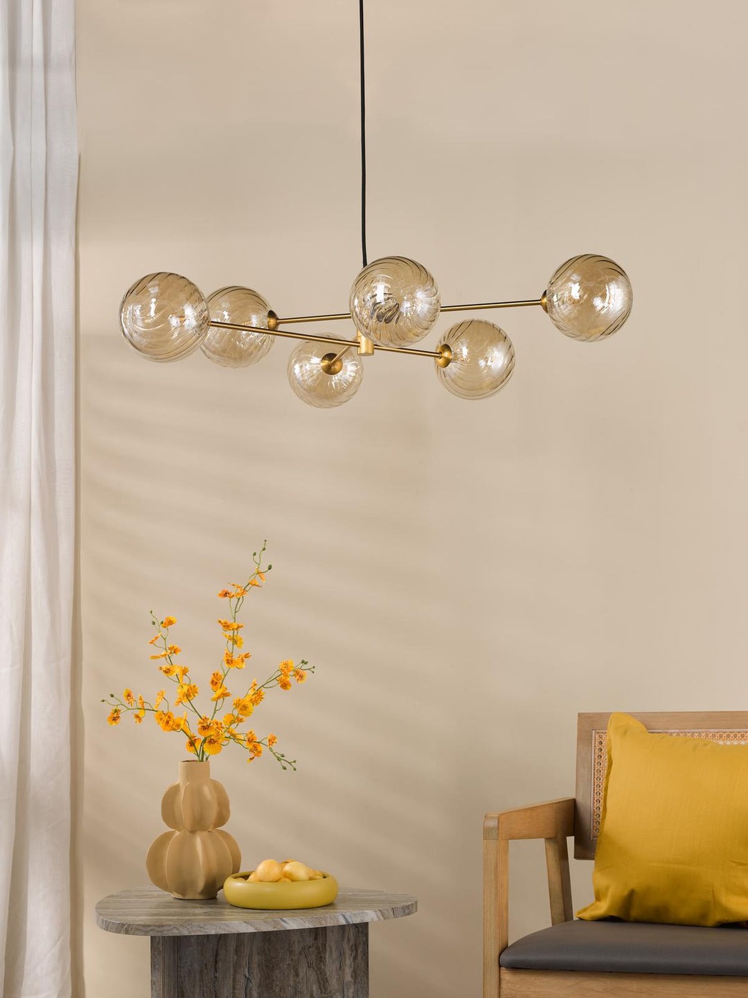 Dar VIG0645-26 Vignette 6 Light Pendant Aged Brass With Twisted Amber Glass