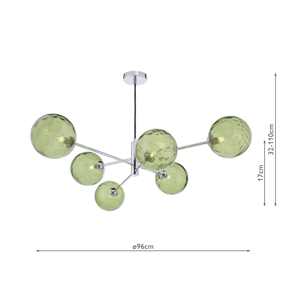 Dar VIG0650-14 Vignette 6 Light Pendant Polished Chrome With Green Dimpled Glass
