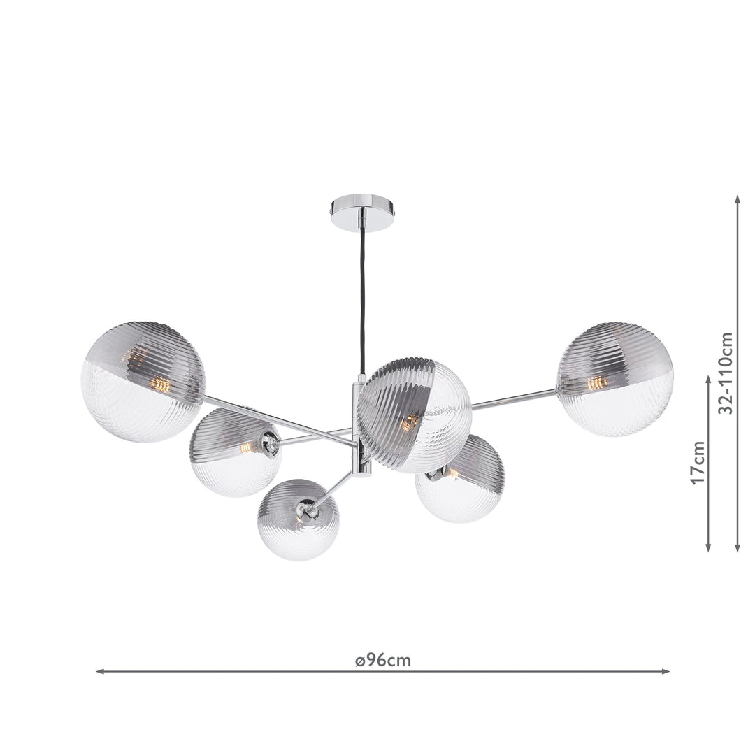 Dar VIG0650-19 Vignette 6 Light Pendant Polished Chrome With Smoked/Clear Ribbed Glass
