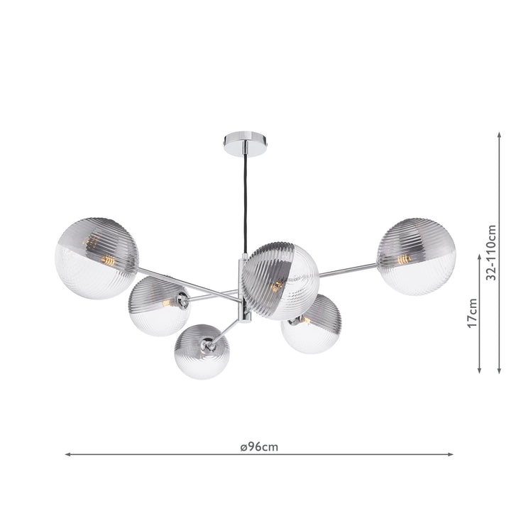 Dar VIG0650-19 Vignette 6 Light Pendant Polished Chrome With Smoked/Clear Ribbed Glass