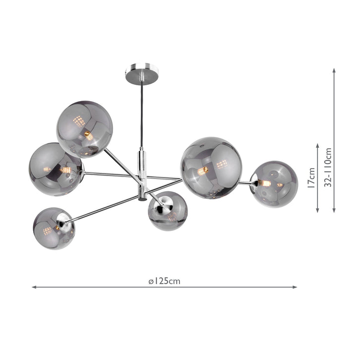 Dar VIG0650-24 Vignette 6 Light Pendant Polished Chrome With Smoked Glass