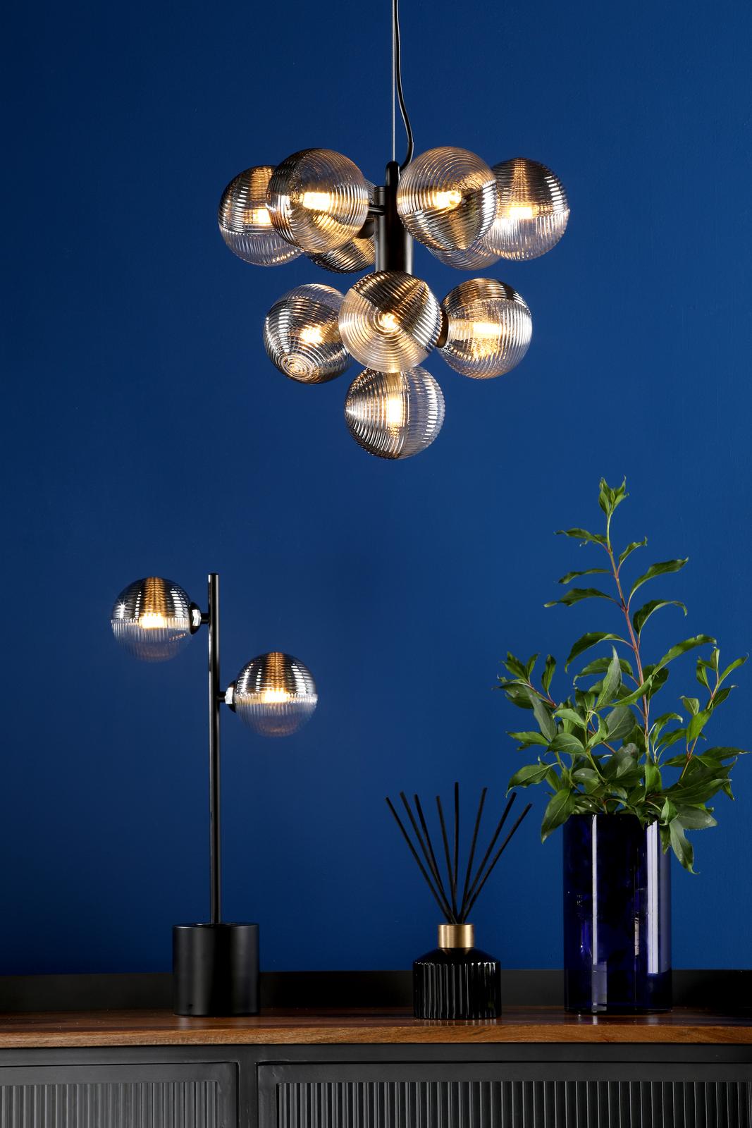 Dar VIN2322-18 Vine 10 Light Pendant Satin Black With Smoked/Clear Ribbed Glass