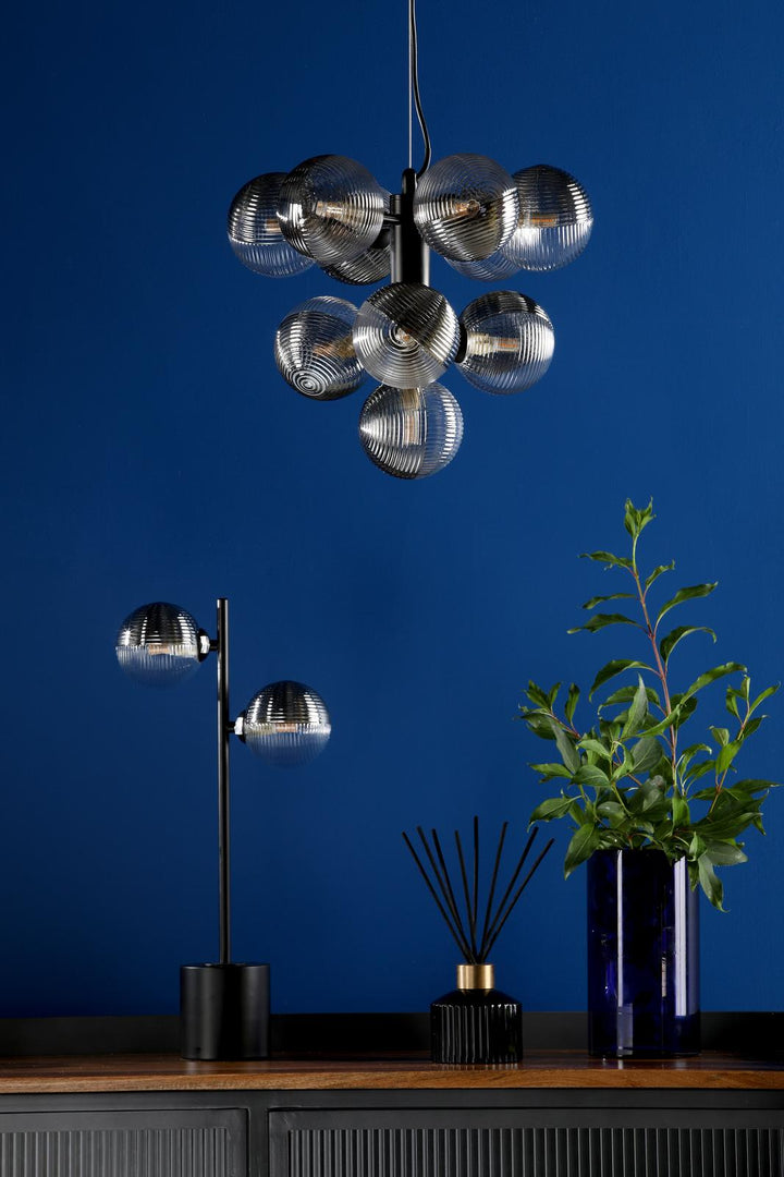 Dar VIN2322-18 Vine 10 Light Pendant Satin Black With Smoked/Clear Ribbed Glass