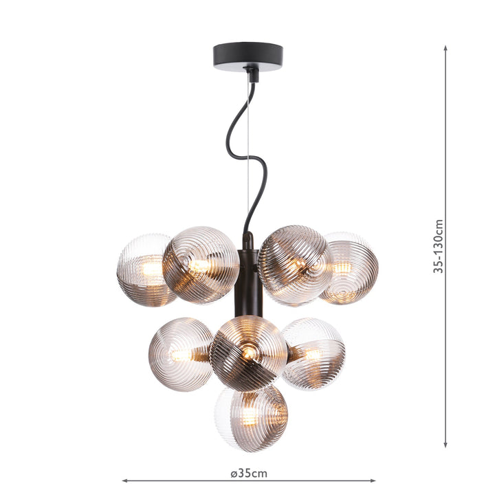 Dar VIN2322-18 Vine 10 Light Pendant Satin Black With Smoked/Clear Ribbed Glass