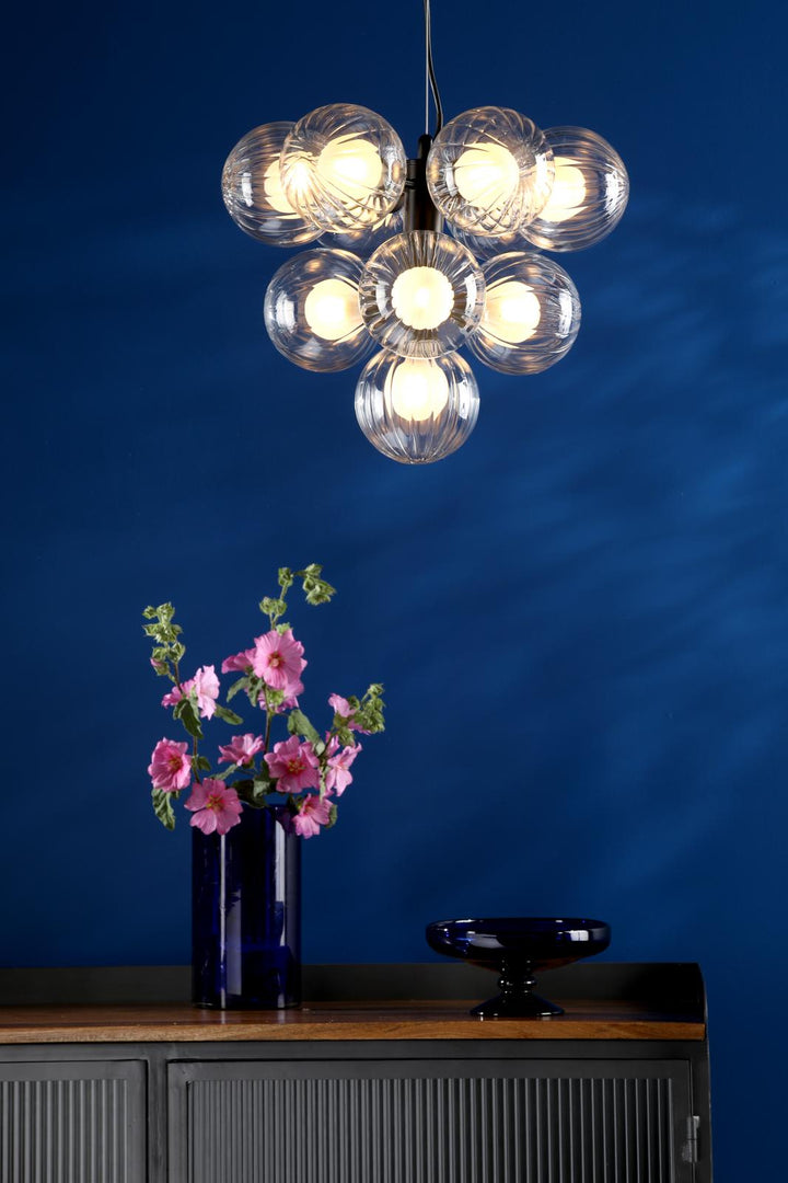 Dar VIN2322-20 Vine 10 Light Pendant Satin Black With Clear/Opal Glass