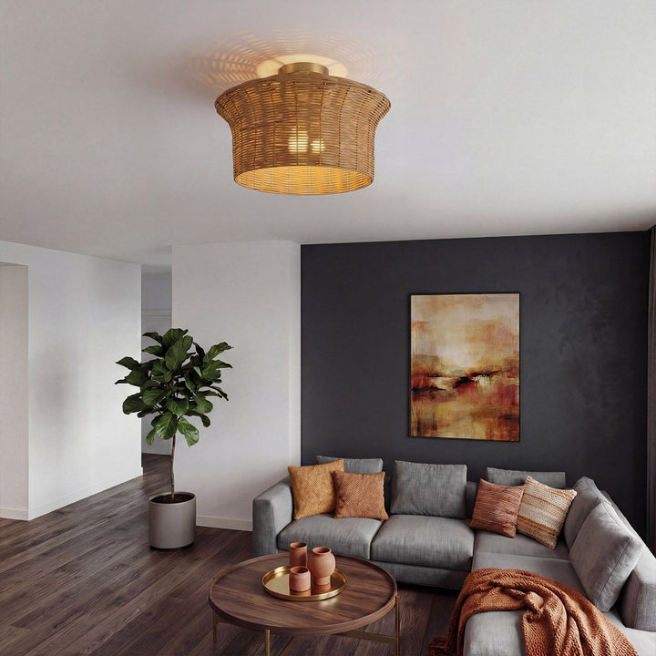 Alora Mood ALM-KAI-F-BG Kai 1 Light Flush Brushed Gold &amp; Rattan