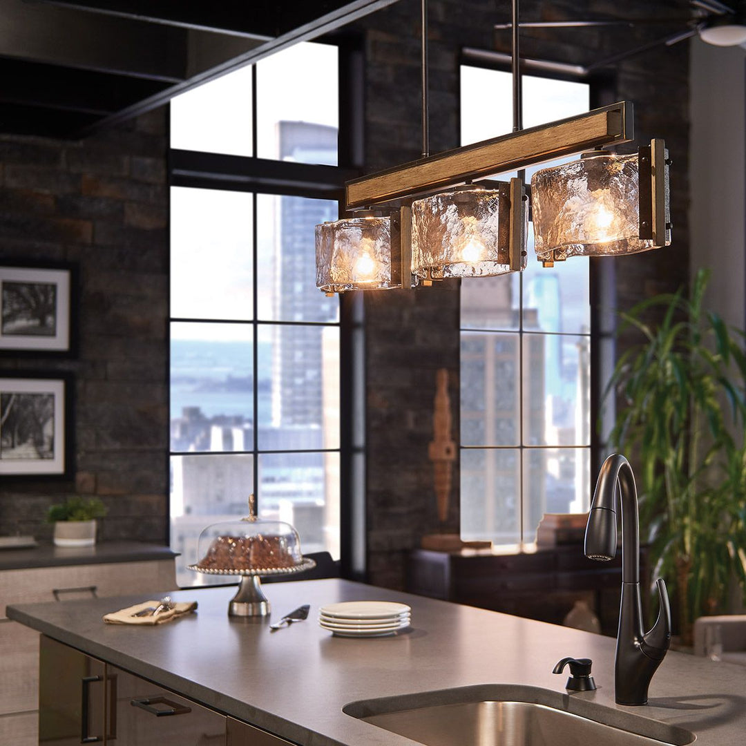 Kichler KL-ABERDEEN-3P-OZ Aberdeen 3 Light Island Chandelier Distressed Grey Wood Effect &amp; Old Bronze