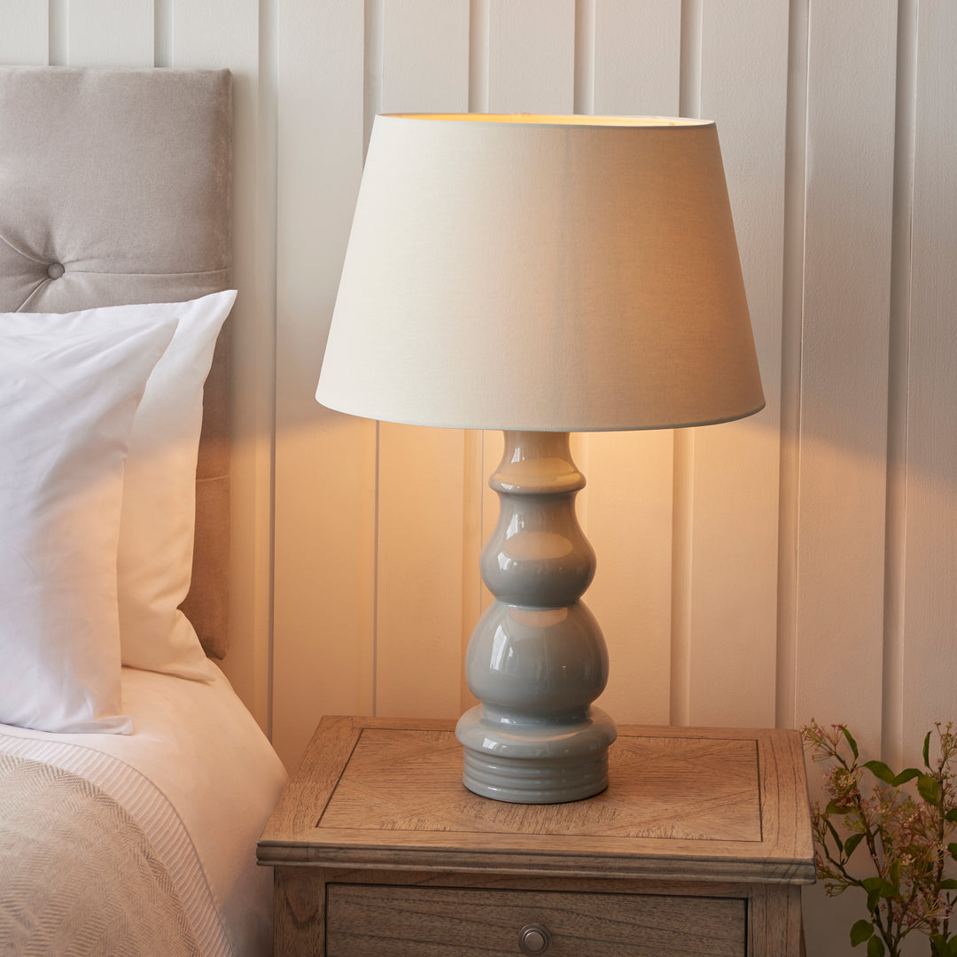 Endon 103376 Provence And Cici 1 Light Table Lamp Blue Grey Satin Nickel Plate And Ivory Linen Fabric