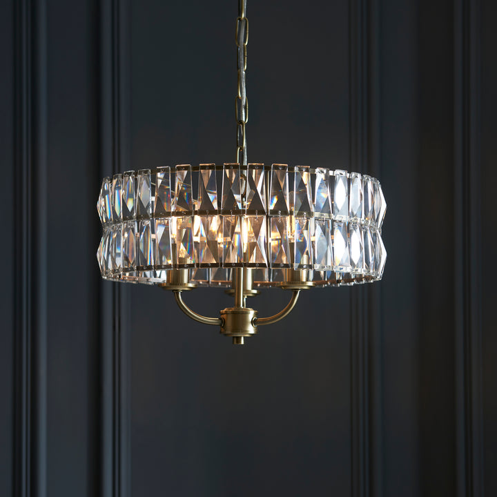 Endon 106243 Clifton 3 Light Pendant Antique Brass Plate And Clear Crystal Glass