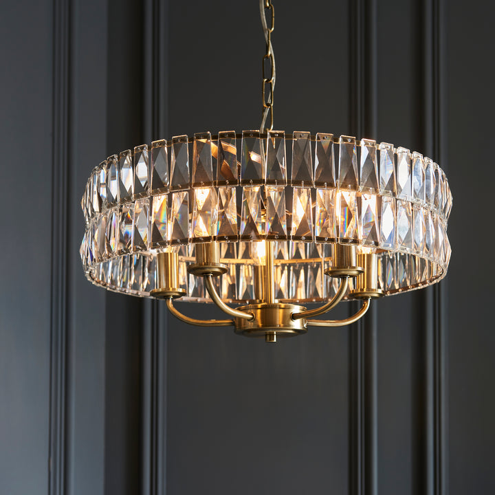 Endon 106244 Clifton 5 Light Pendant Antique Brass Plate And Clear Crystal Glass