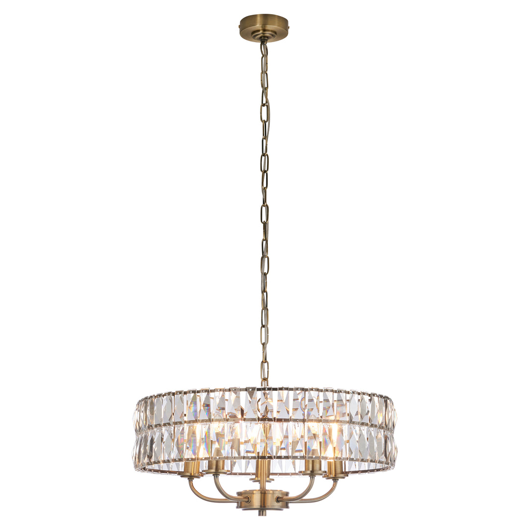 Endon 106244 Clifton 5 Light Pendant Antique Brass Plate And Clear Crystal Glass