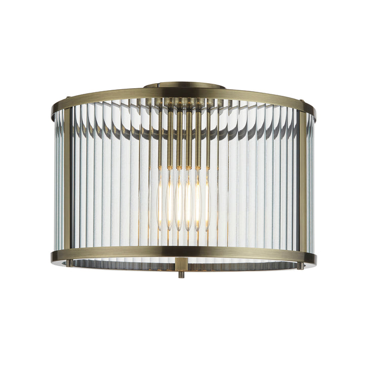 Endon 106265 Ridgeton 1 Light Flush Antique Brass Plate And Clear Ribbed Glass