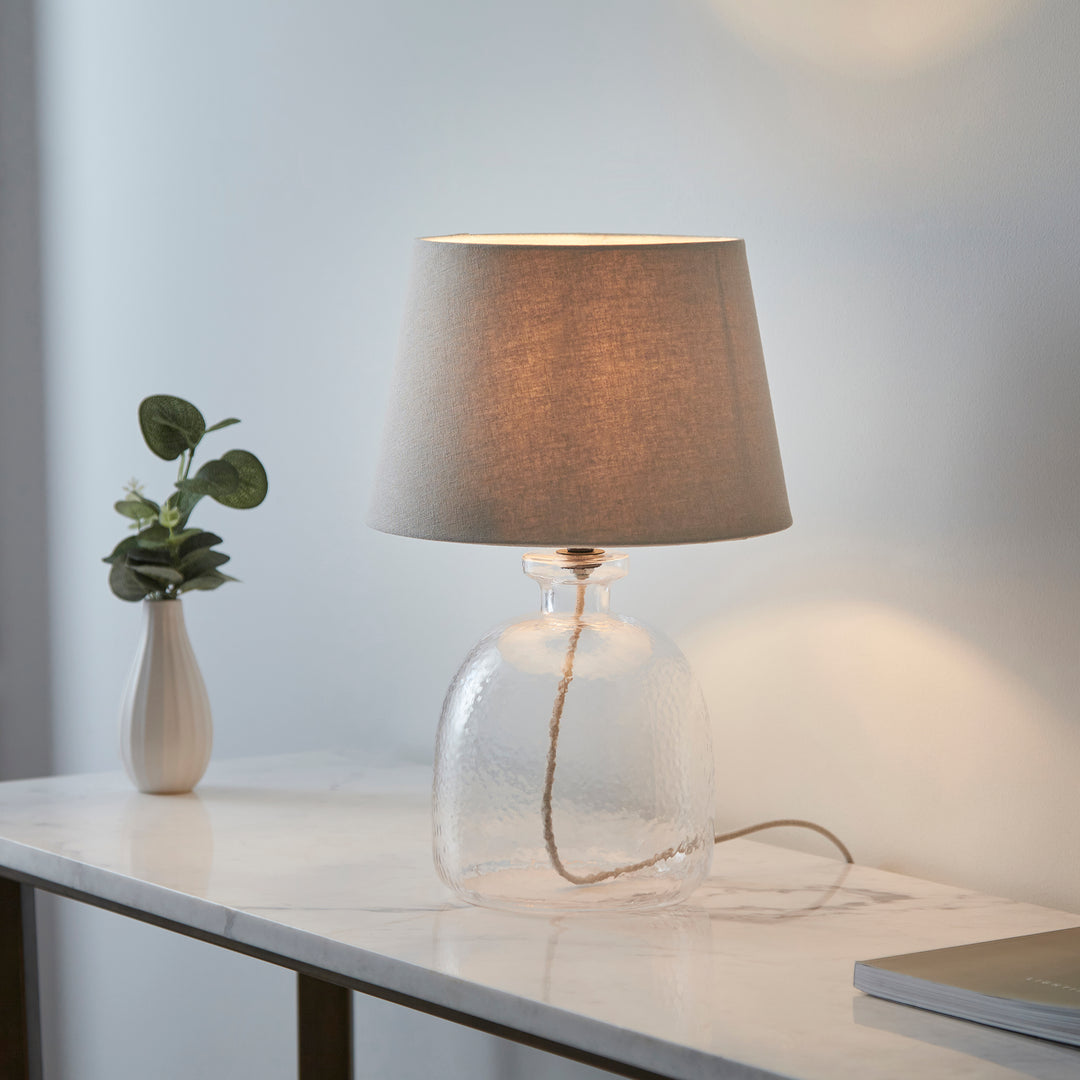 Endon 106274 Lyra And Cici 1 Light Table Lamp Clear Textured Glass And Grey Linen Mix Fabric