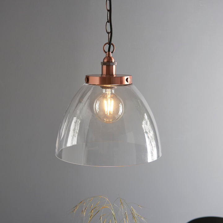 Endon 106895 Hansen Grand 1 Light Pendant Aged Copper Plate And Clear Glass