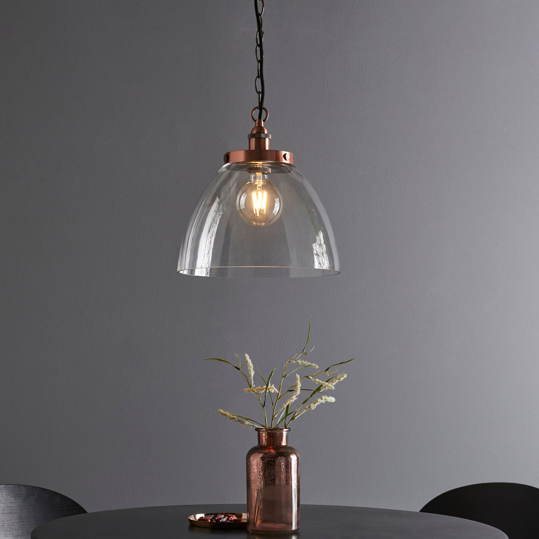 Endon 106895 Hansen Grand 1 Light Pendant Aged Copper Plate And Clear Glass