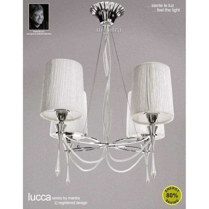 Mantra M1312 Lucca Pendant 4 Light E27 Polished Chrome White Shades & Clear Crystal